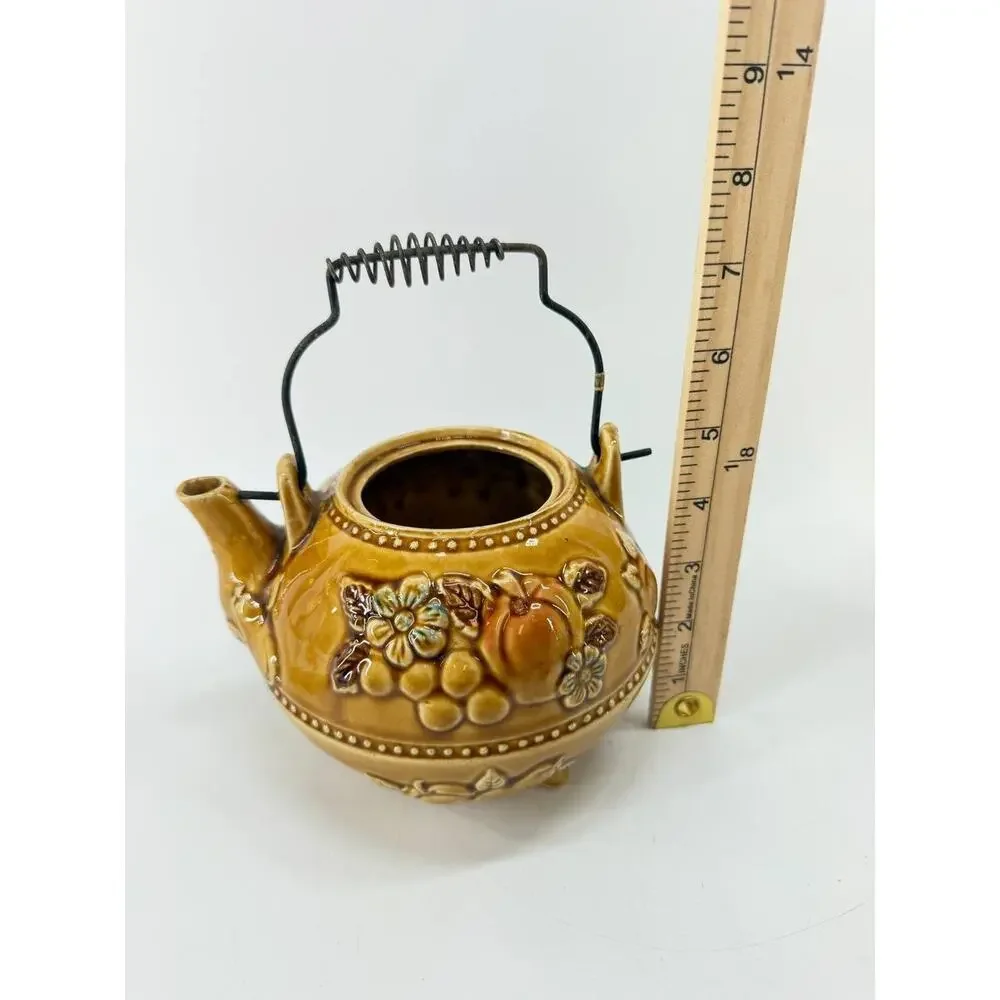 Vintage Brown Ceramic Teapot w Metal Handle Embossed Fruit Floral Rustic Decor